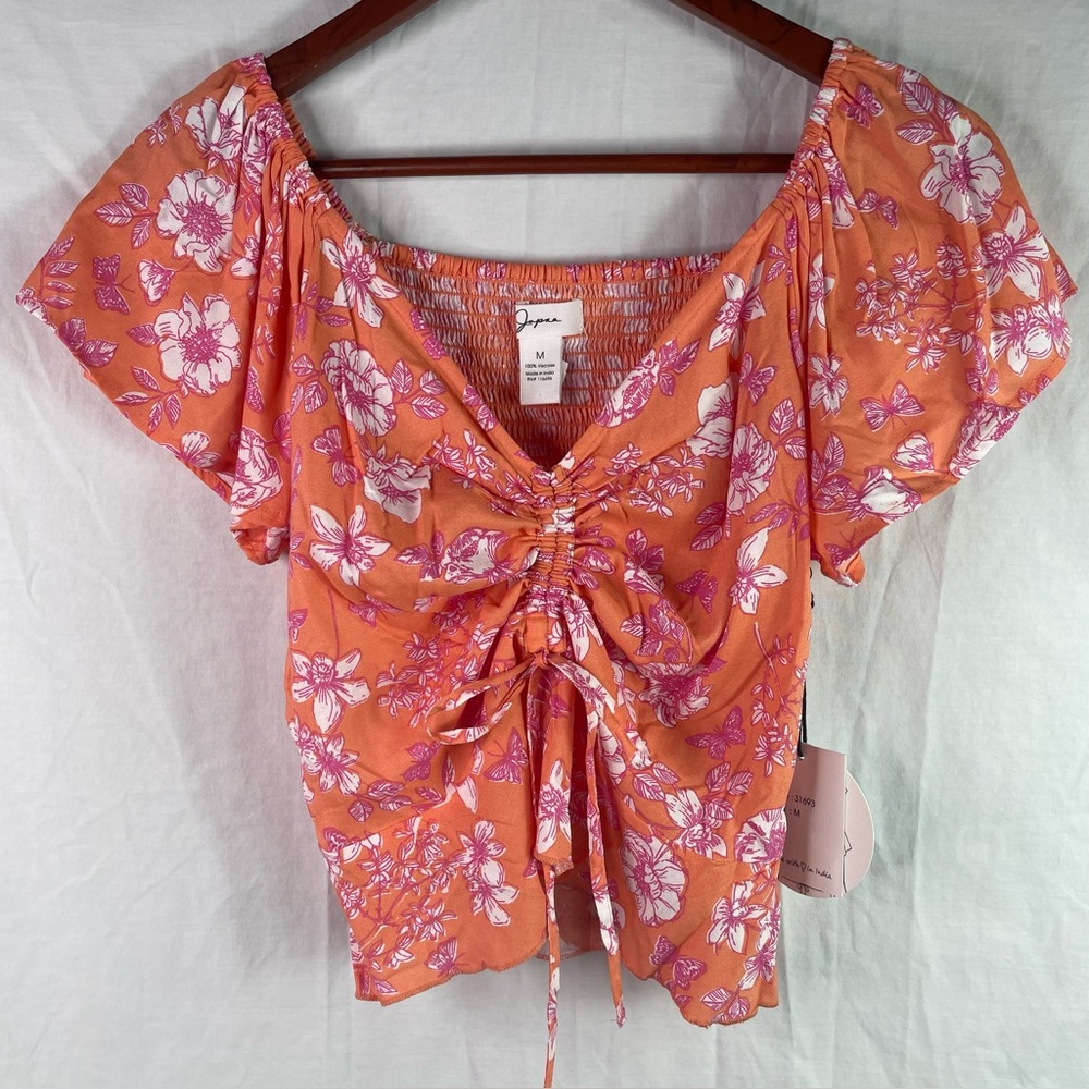 NWT JAPNA Women’s Front Ruched Smocked Puff Sleeve Top Floral Romantic Size M